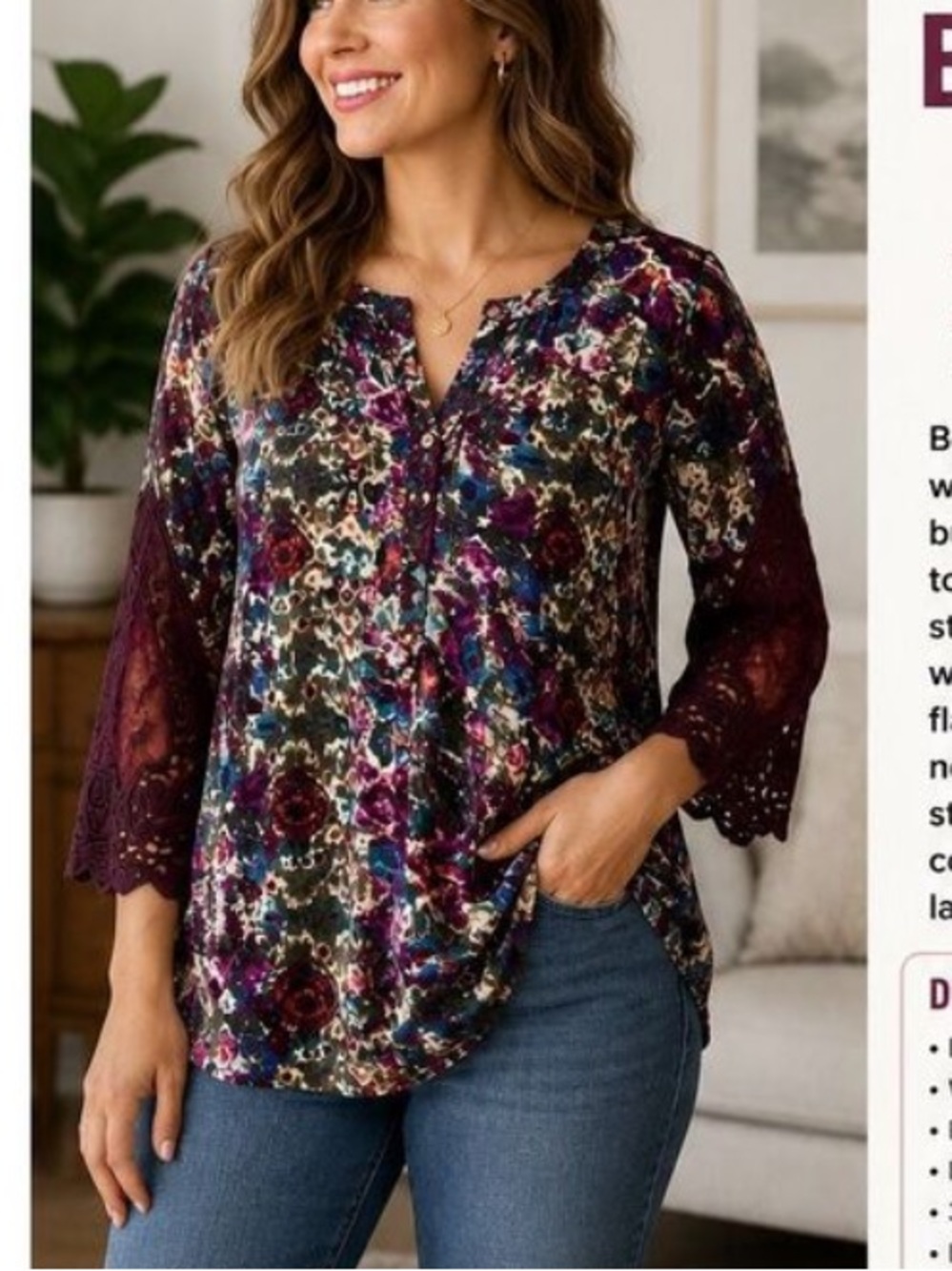 intro. Plum Multi Floral Lace-Sleeve V-Neck Blouse